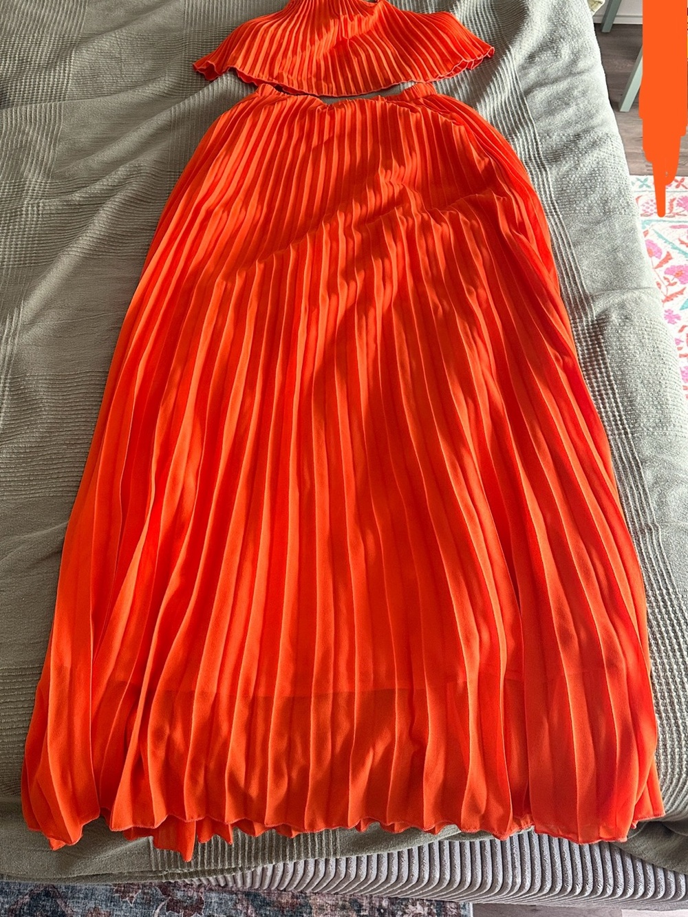 Brand New 2 piece Pleated Orange floor length Maxi Skirt w/ top